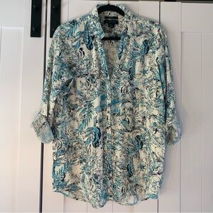 Tahari 100% linen tropical parrot button up shirt blue, and white small